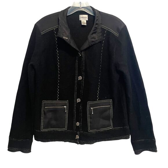 Chico's Vintage Black Wool Cardigan Size 1 (Womens Small) Mixed Media Topper - Picture 1 of 7